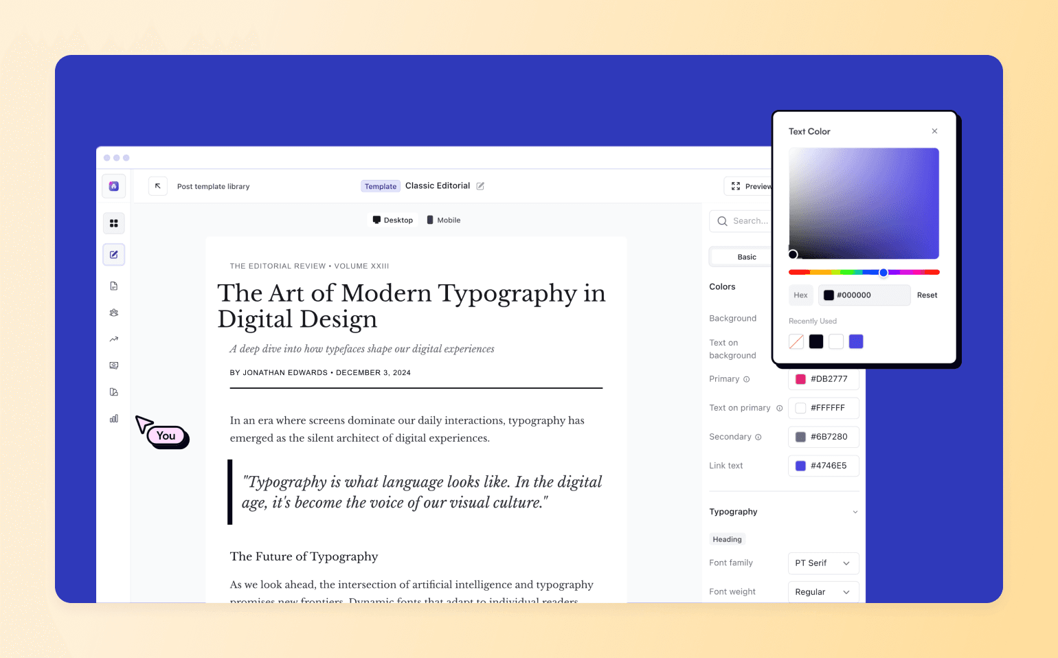 Editorial template editor on Beehiiv with a text color picker, showing style controls used to compare best newsletter platforms.