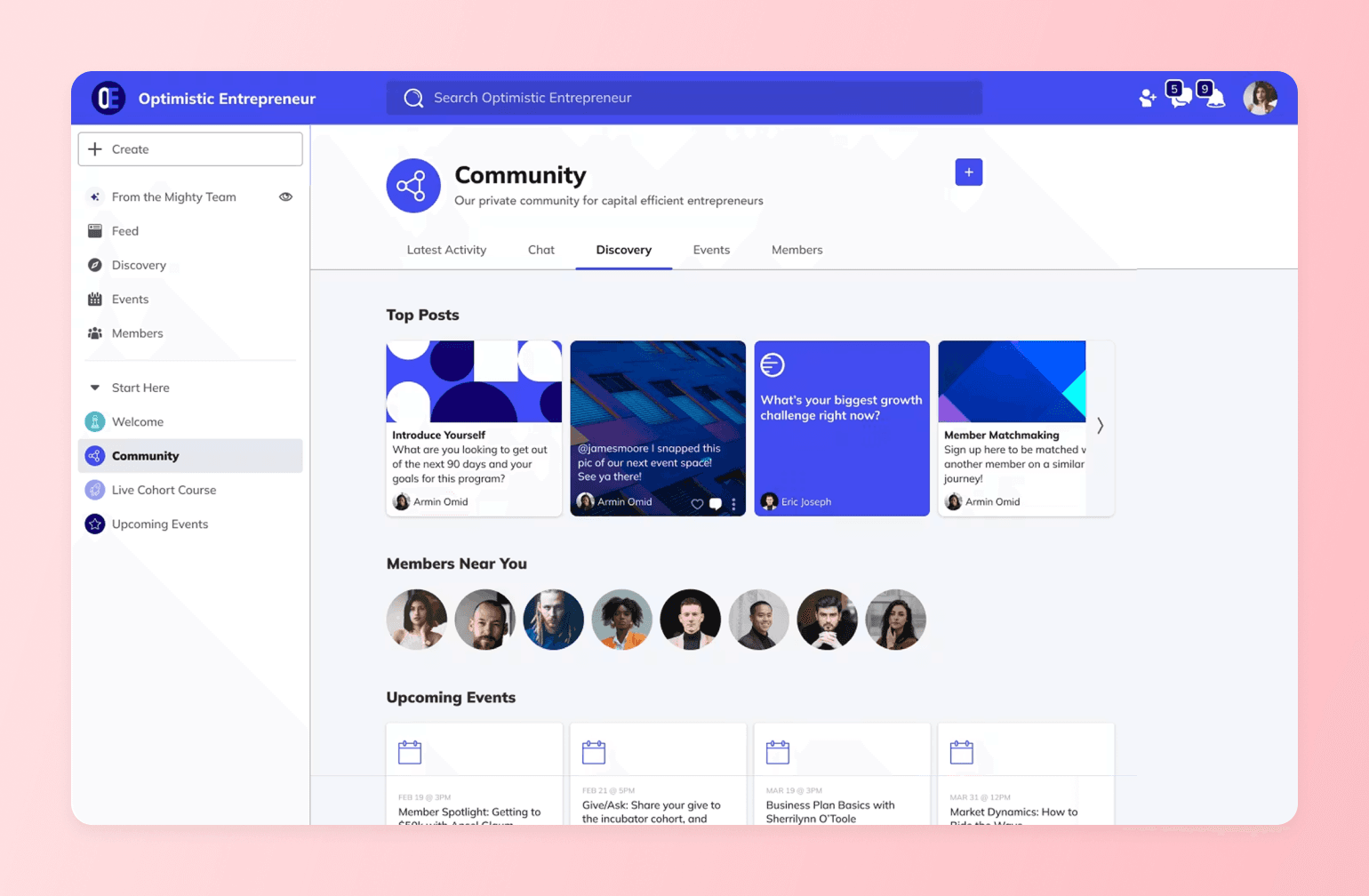 Community discovery page on Mighty Networks with top posts, nearby members, and events, showing a Facebook Group alternative for creators.