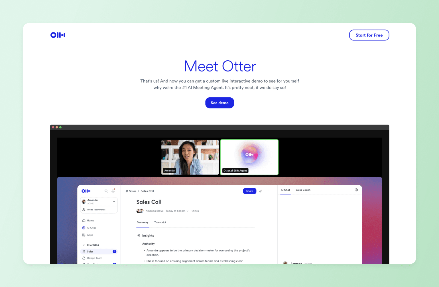 Otter.ai video call and Sales Call summary showing an AI meeting agent extracting authority insights from a transcript
