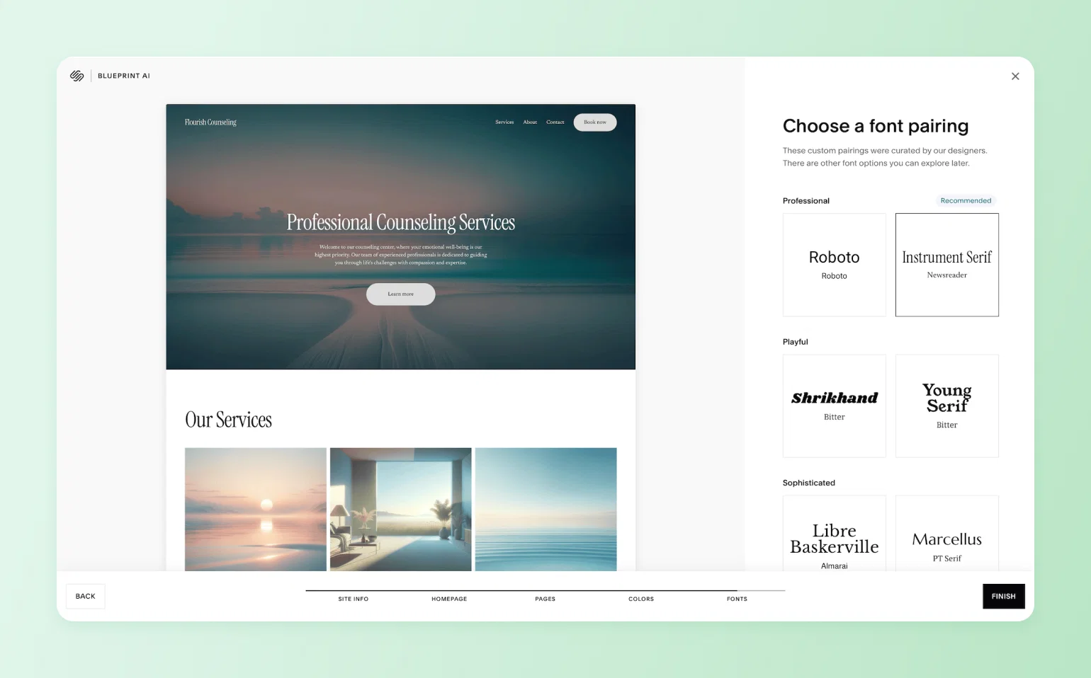 Squarespace Blueprint AI font pairing menu, one step in AI website builders for building a counseling site