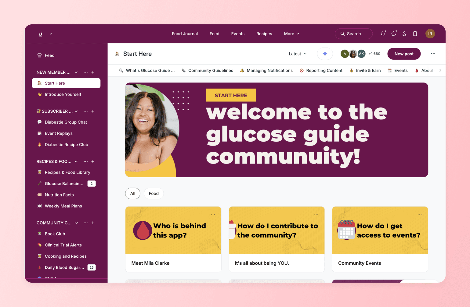 Glucose Guide community welcome banner with smiling woman in yellow top on purple background with white text