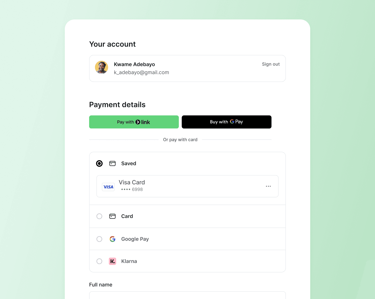 Payment checkout page showing account details for Kwame Adebayo with multiple payment options including Link, Google Pay, saved Visa card ending in 6998, and Klarna