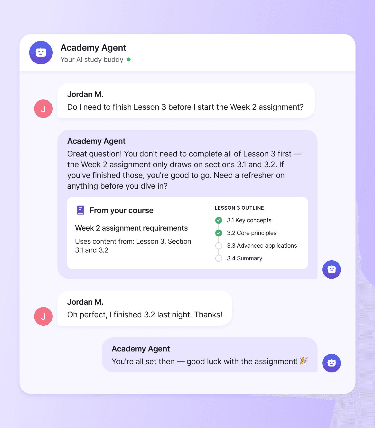 Chat conversation between student Jordan M. and Academy Agent AI assistant discussing lesson completion requirements with course outline