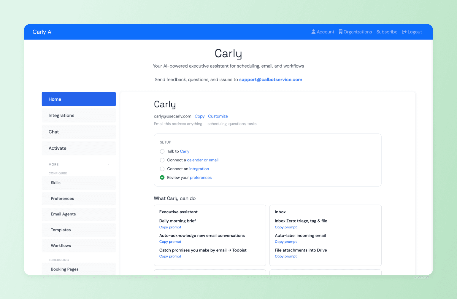 Carly AI dashboard listing setup steps and email prompts, showing one of the best AI tools for coaches managing scheduling and inbox tasks