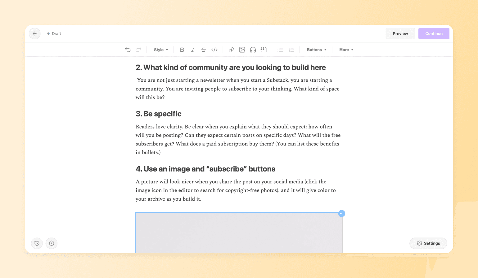 Substack post editor with formatting toolbar, showing tips for setting up newsletters on the best newsletter platforms.