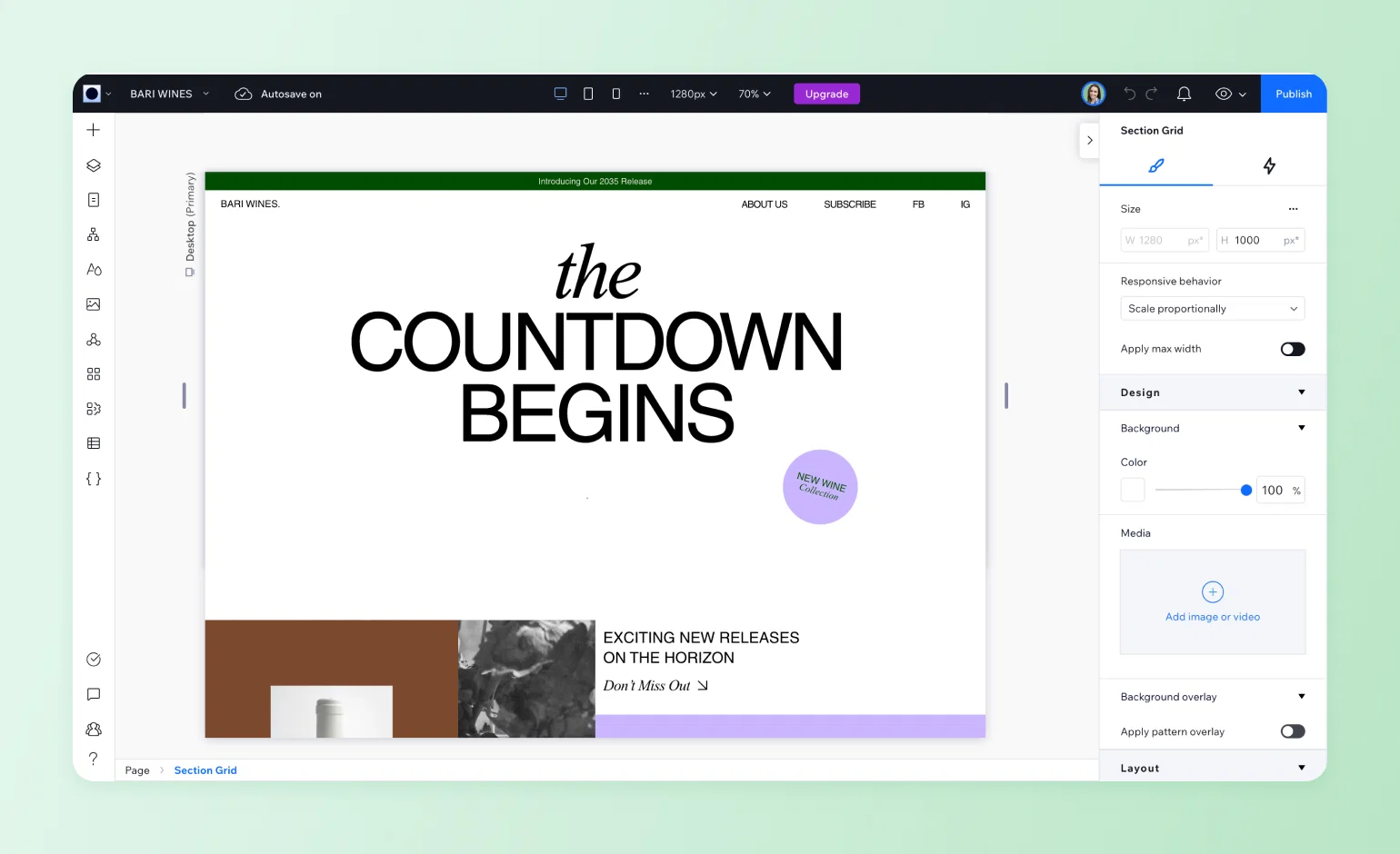 Bari Wines homepage built with an AI website builder, showing bold countdown text promoting a new wine release