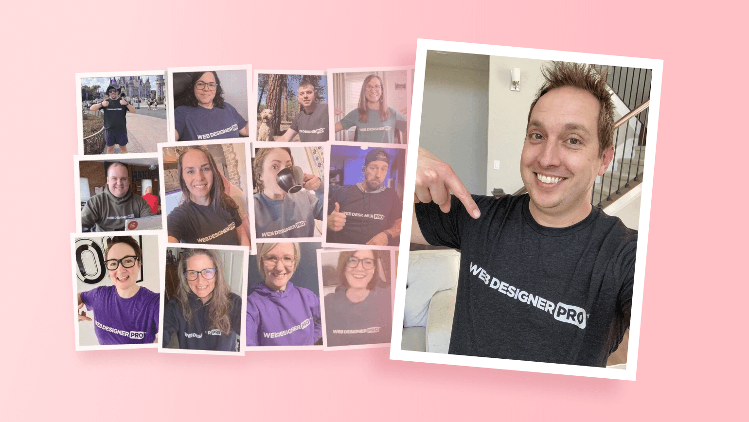 Man in Web Designer Pro shirt gesturing peace sign next to collage of team members wearing matching branded shirts