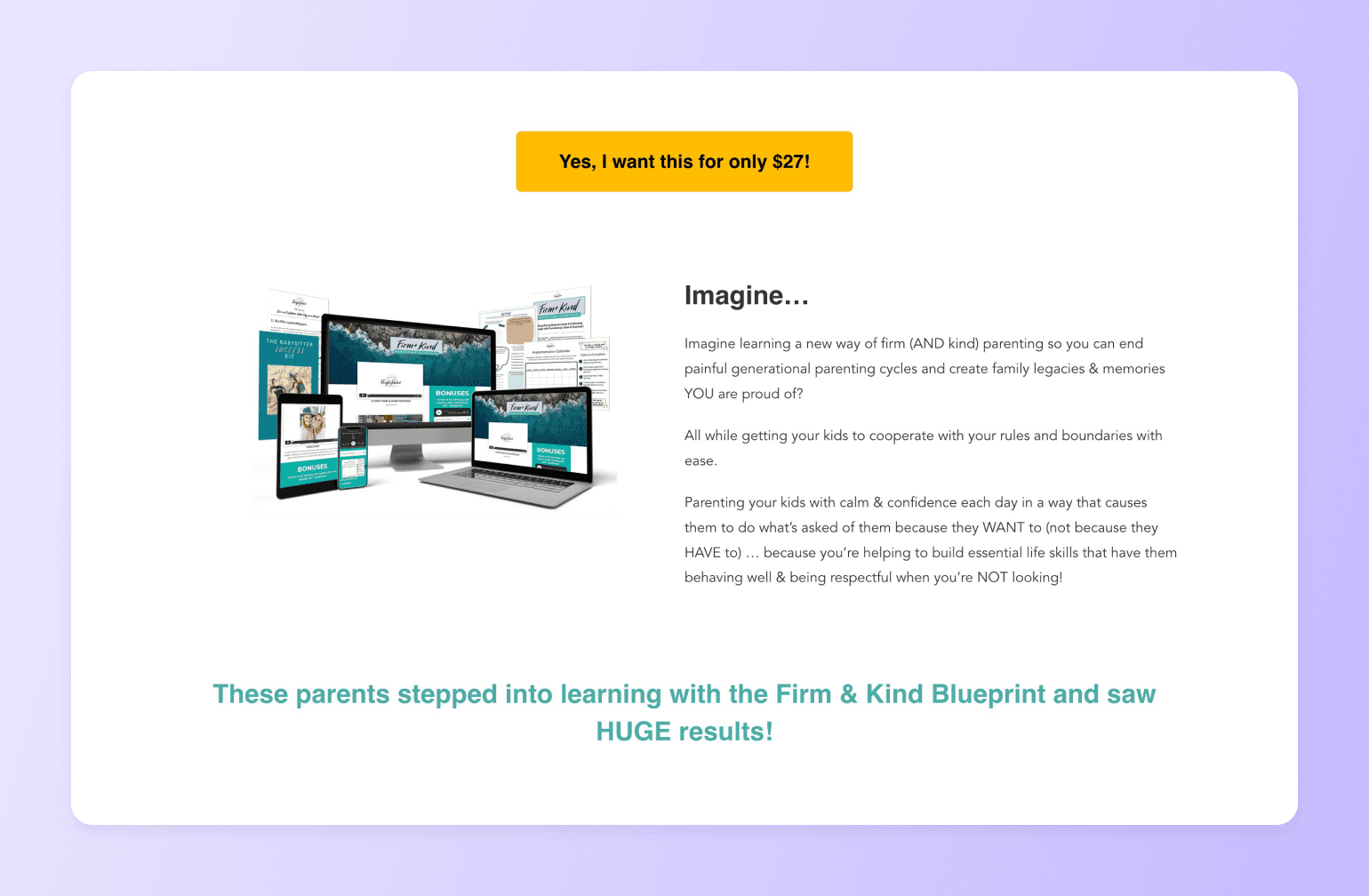 Firm & Kind parenting course materials displayed on multiple devices including laptop, tablets, phone, and printed workbooks