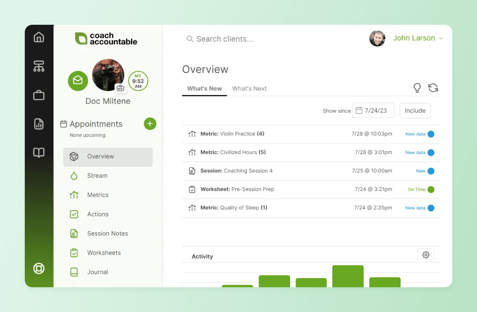 Coach Accountable client dashboard showing metric updates and session activity, used to compare the best AI tools for coaches