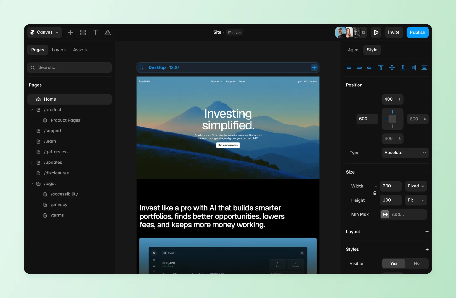 Canvas editor building the Parallel landing page, showing how AI website builders let creators style layout and text visually