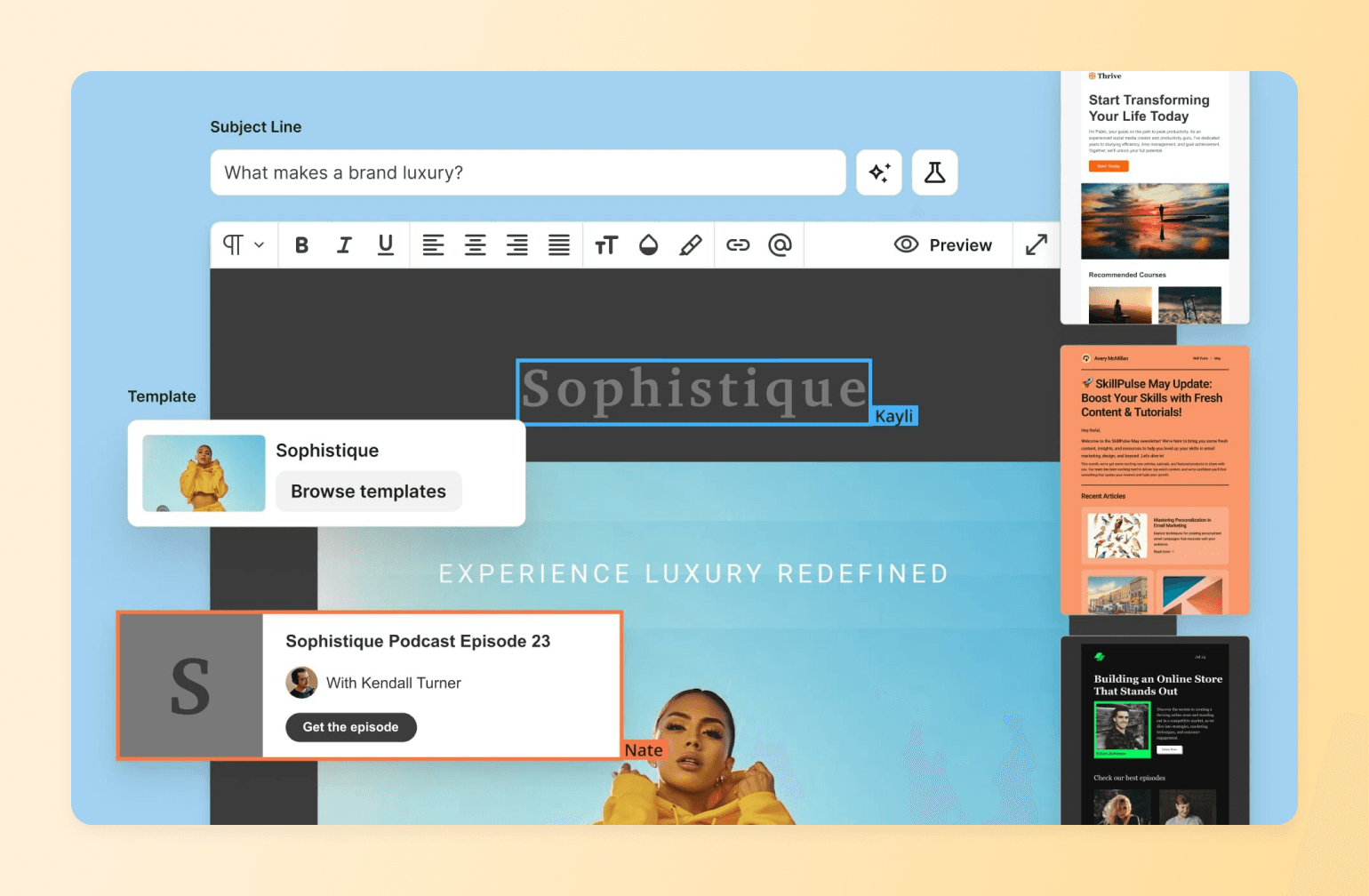 Kit's email editor with a luxury brand template and sample newsletters, showing how newsletter platforms compare on design