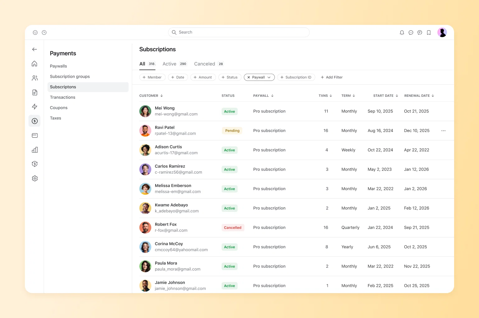 Subscriptions dashboard listing members with status, term, and renewal dates to track membership pricing performance