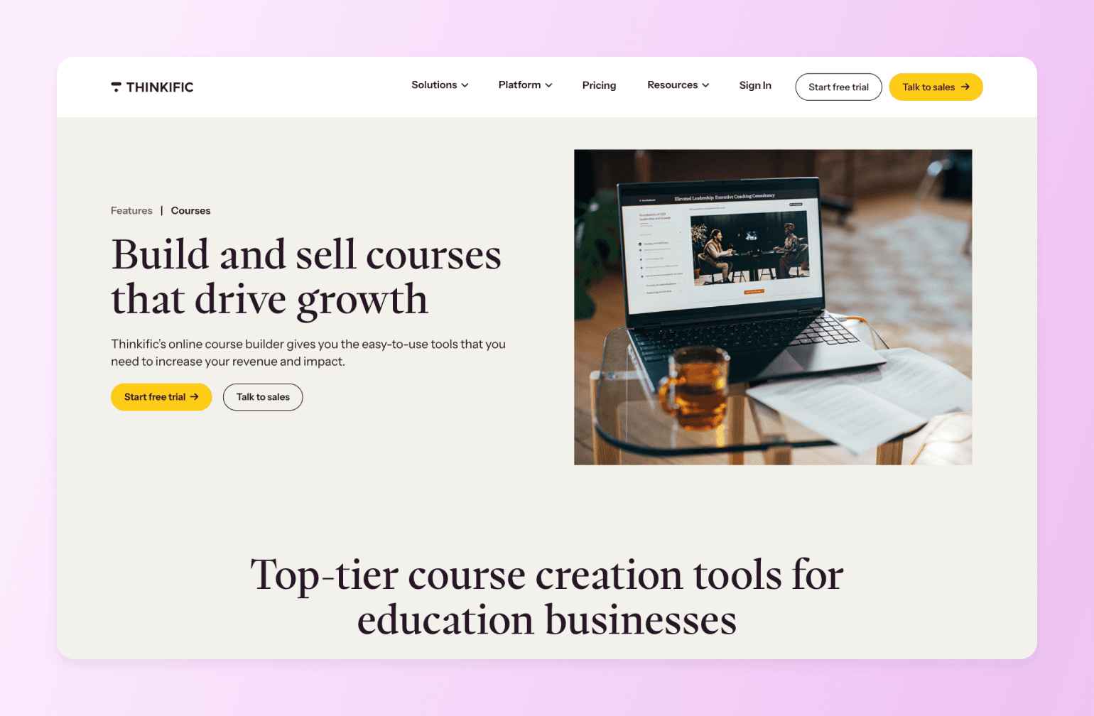 Laptop showing an executive leadership course page, illustrating one of the best AI tools for creating online courses in 2026