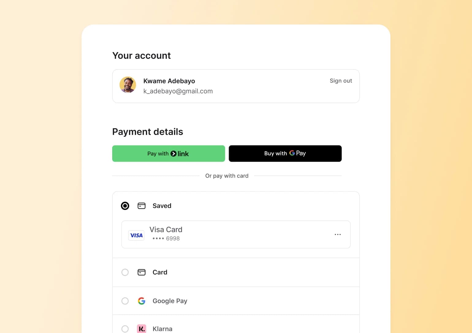 Checkout screen with saved card, Link, Google Pay and Klarna options, showing payment choice fatigue