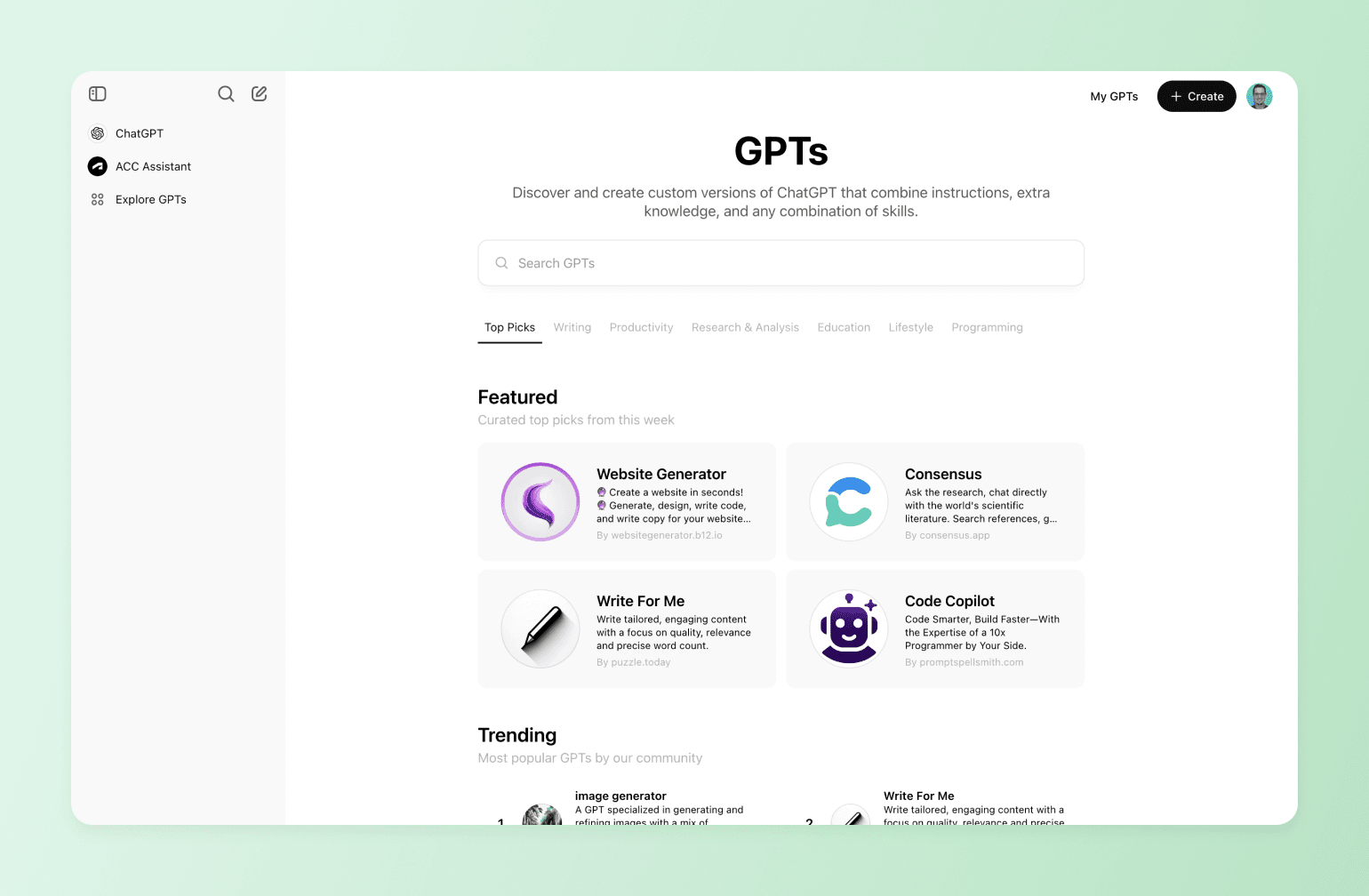 ChatGPT's GPTs store page listing custom tools like Code Copilot, useful to compare the best AI tools for coaches