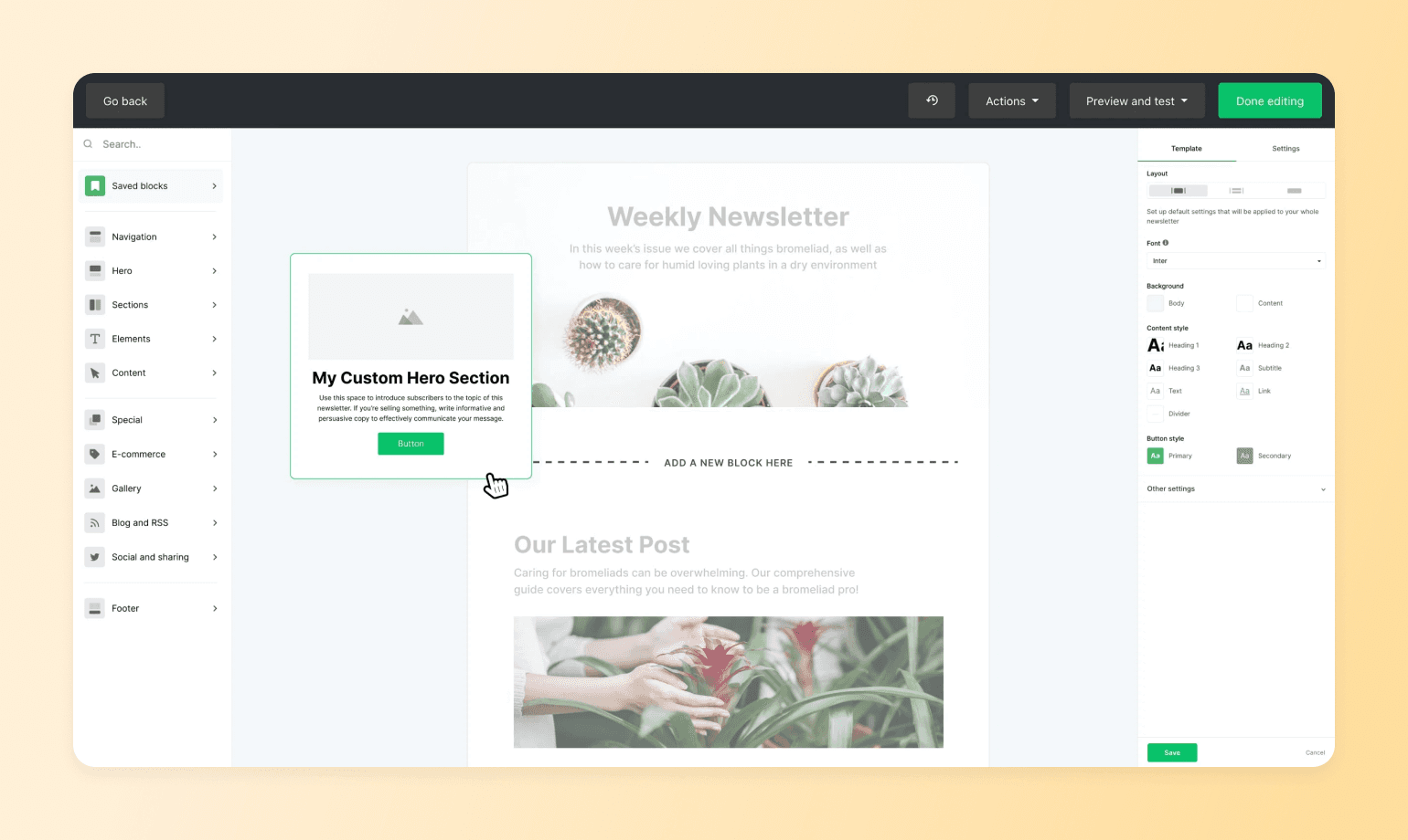 MailerLite's newsletter builder with a draggable hero block, showing how the best newsletter platforms let creators customize layouts