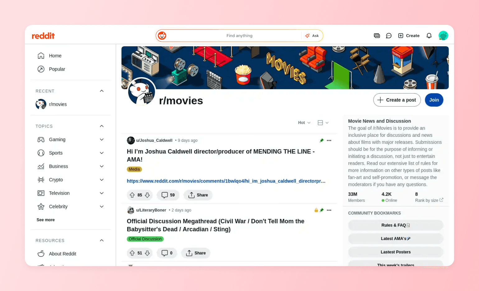 Reddit's r/movies community page, an example used to compare Facebook Group alternatives for creators