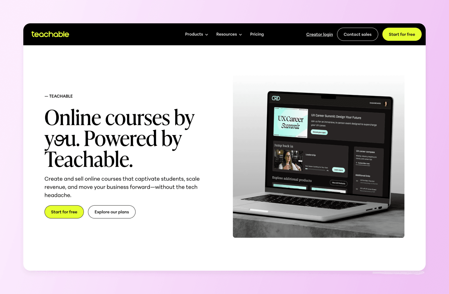 Teachable homepage on a laptop showing a course dashboard, one of the best AI tools for creating online courses in 2026