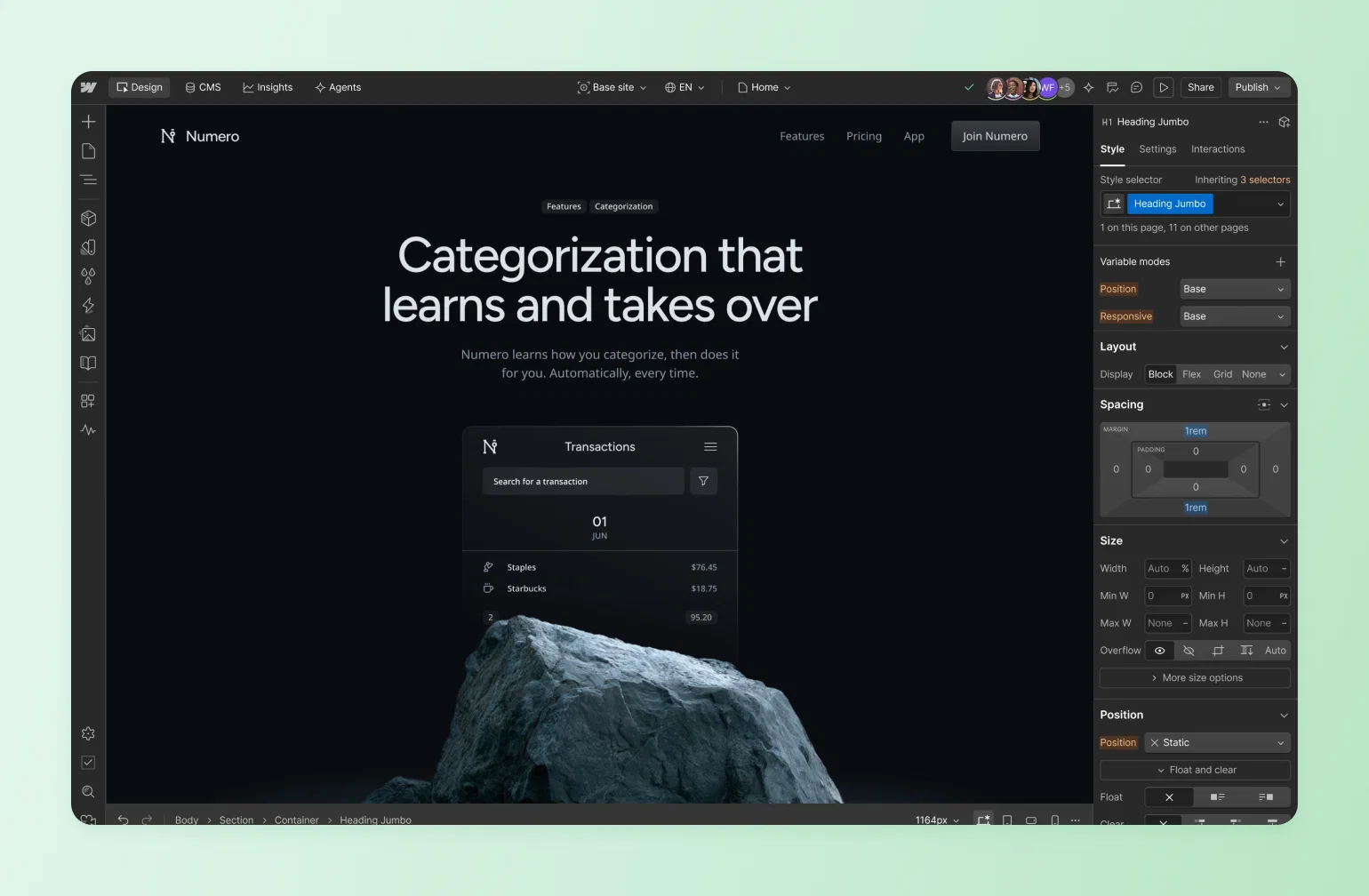 Webflow editor with Numero's transaction app, one of several AI website builders compared for creators.