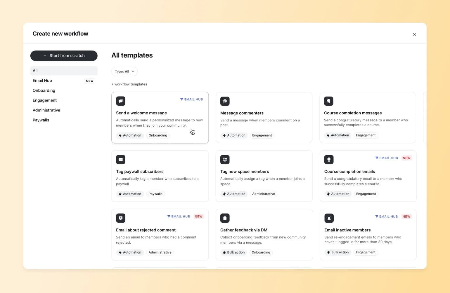 Workflow template picker showing automation options like welcome messages and tagging, built to reduce hidden costs of scattered tools