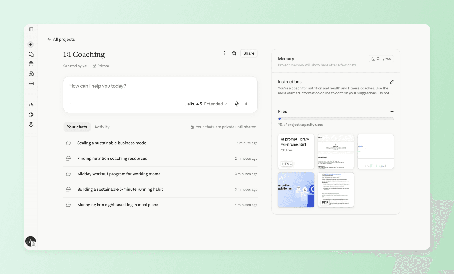 1:1 Coaching project on Claude with saved chats and files, showing one of the best AI tools for coaches 