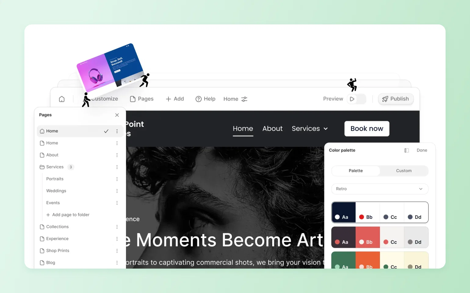 Website editor showing how AI website builders let creators customize a photography site's look and structure