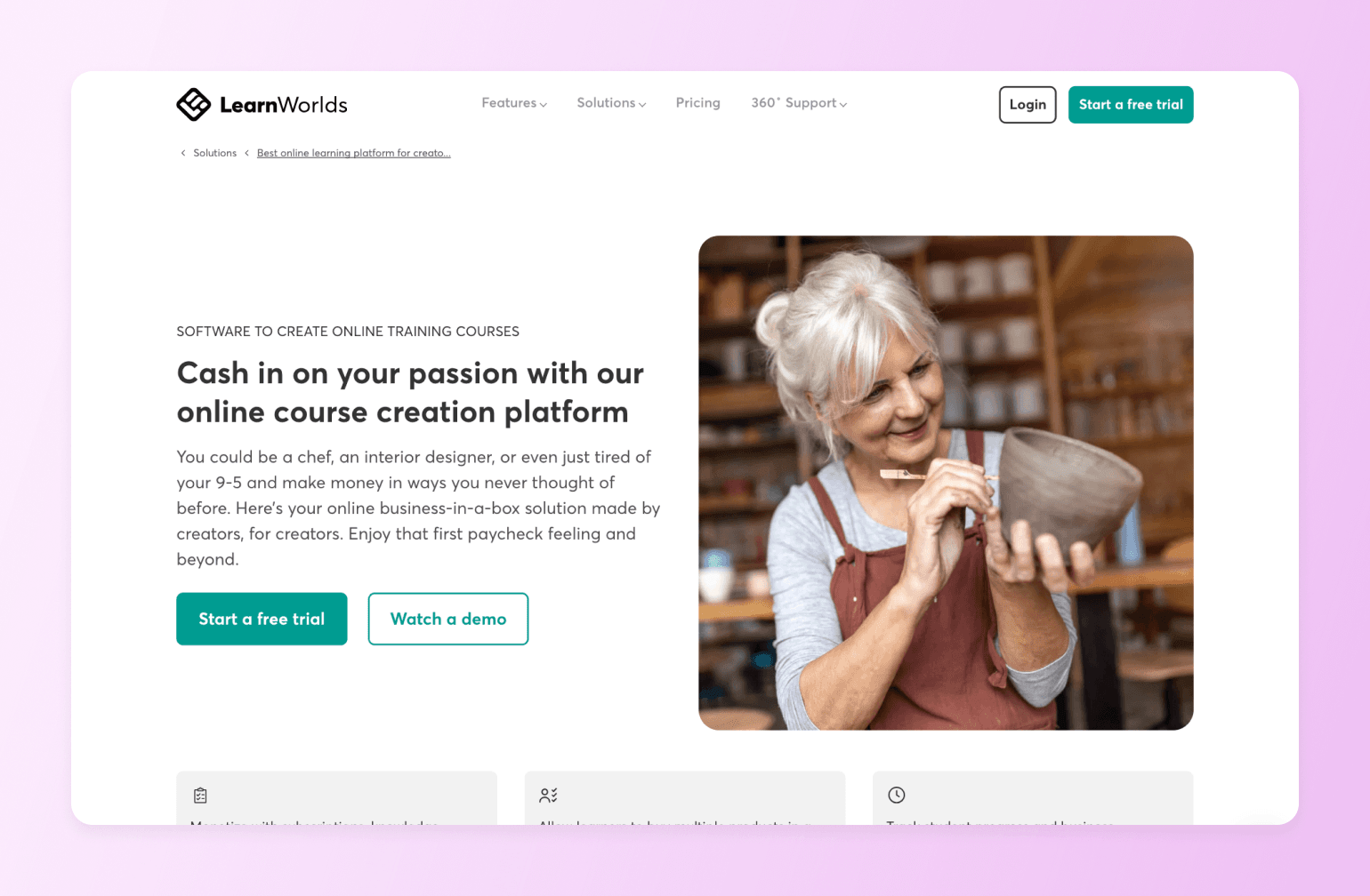 Homepage for learnworlds, including a potter shaping a clay bowl in her studio, representing creators turning skills into online courses