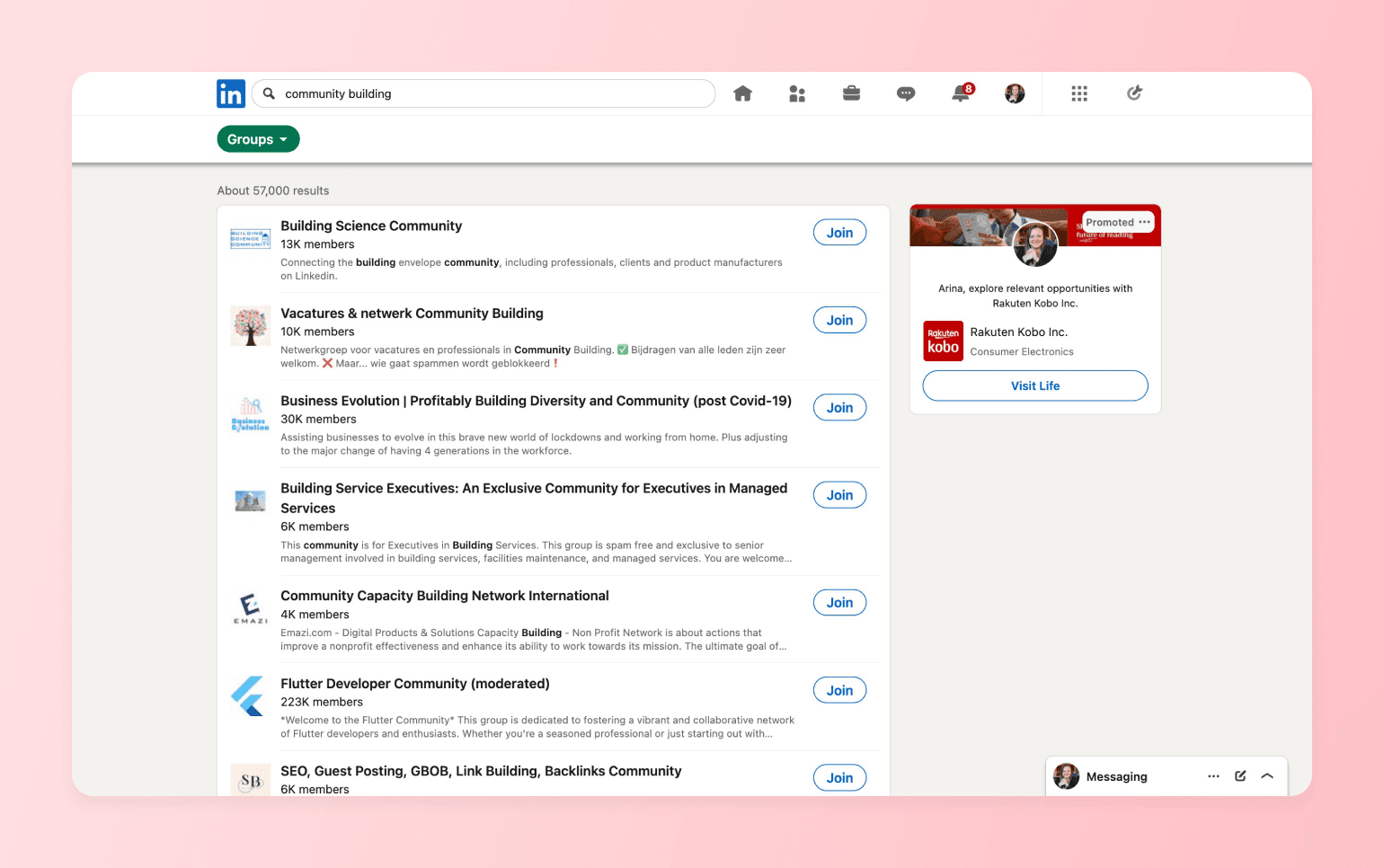 LinkedIn Groups search results for community building, showing options creators compare when exploring Facebook Group alternatives