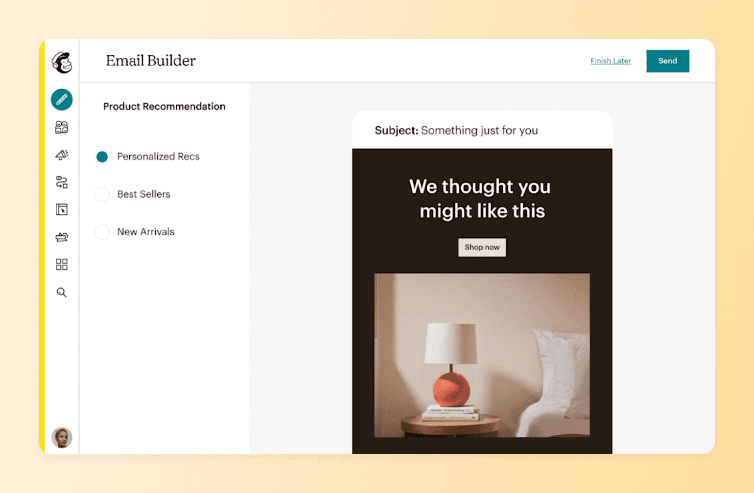 Mailchimp email builder set to Personalized Recs, one of the best newsletter platforms for automated product suggestions