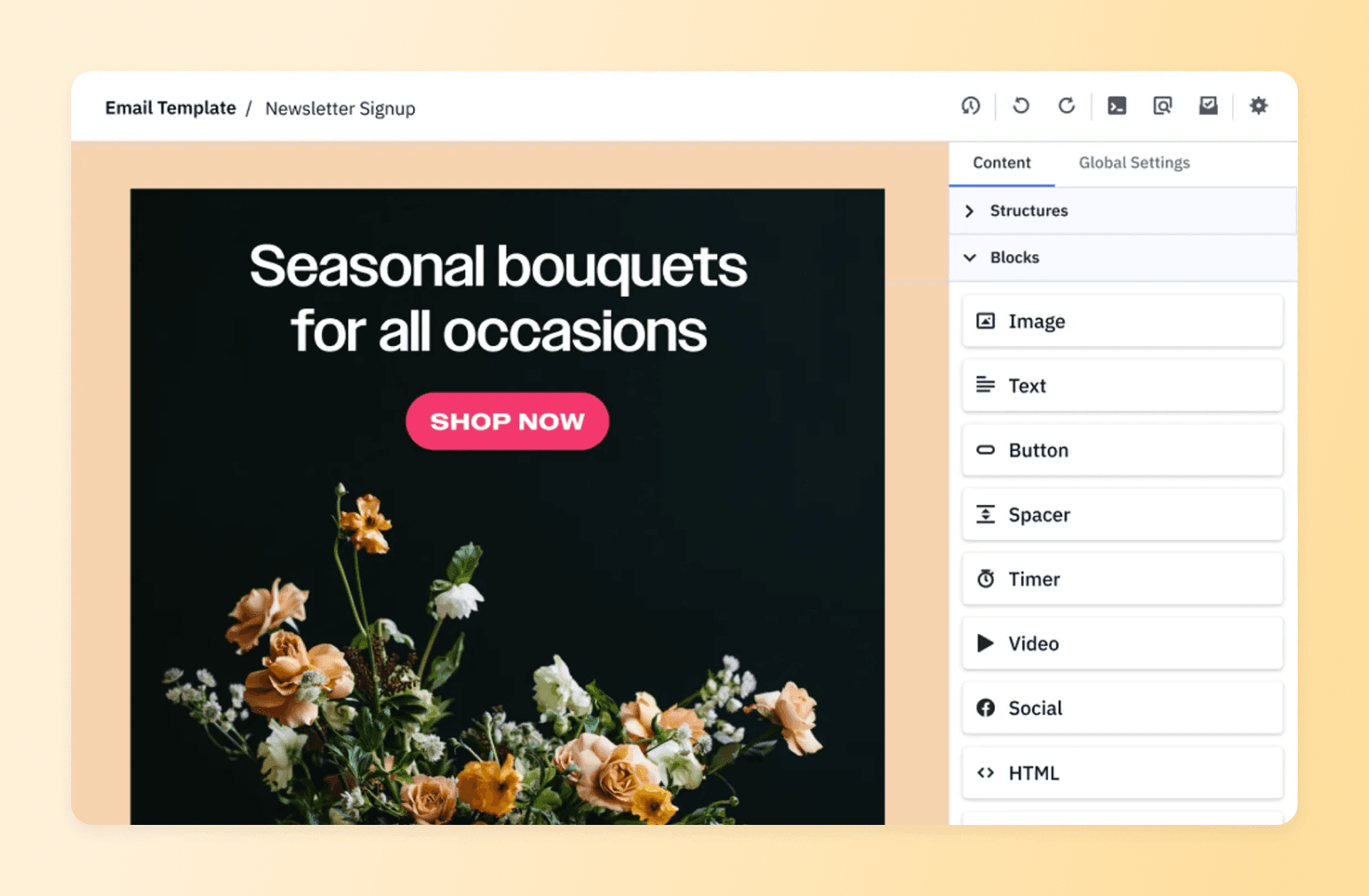 ActiveCampaign's email builder showing a floral 'Shop Now' campaign, comparing drag-and-drop design tools for newsletter platforms
