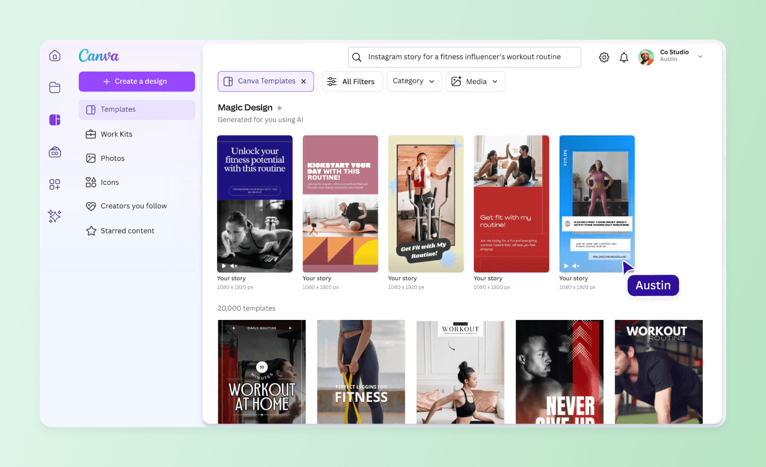 Canva's Magic Design search results generating fitness Instagram story templates from a text prompt automatically