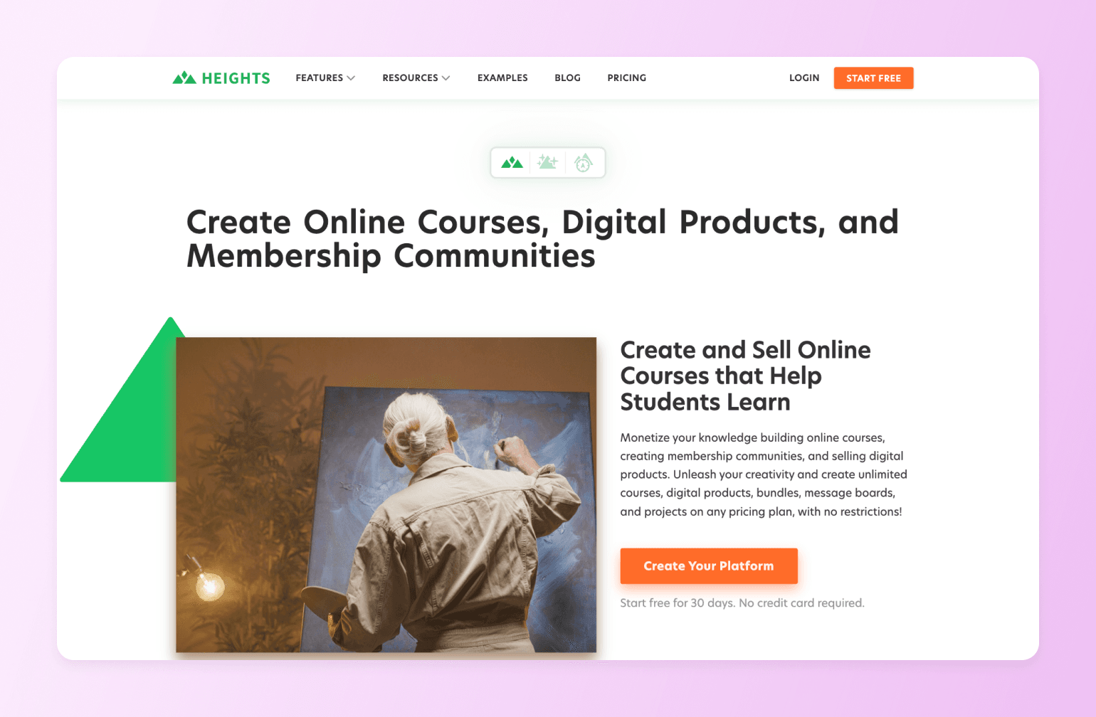Heights homepage, showing an artist painting a canvas, illustrating creative skills course creators can turn into online courses using AI tools in 2026