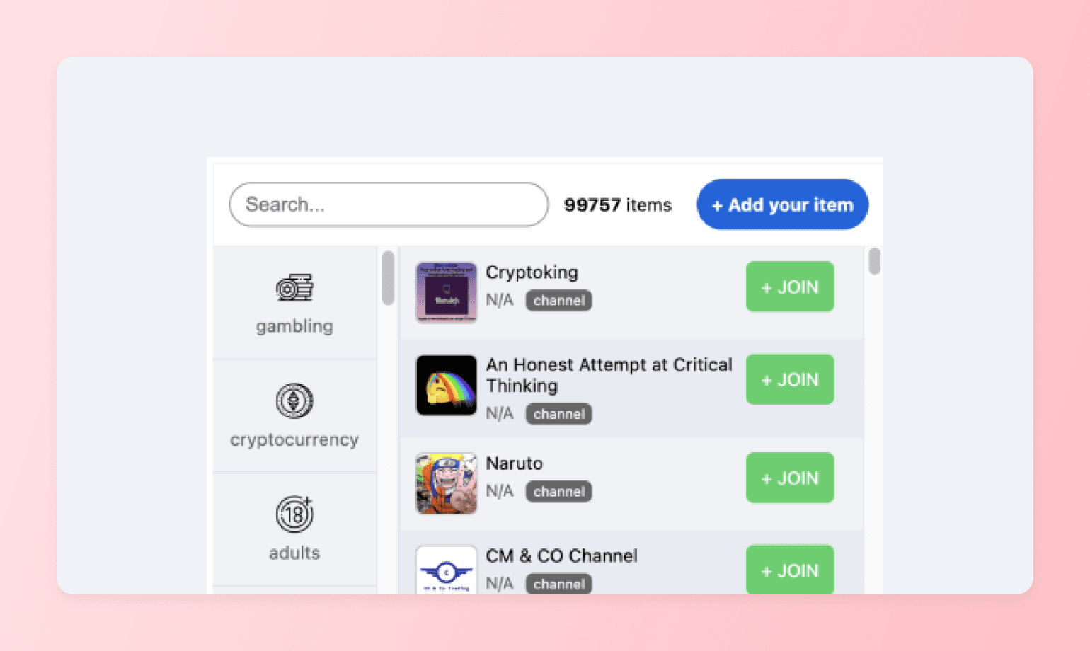 Directory listing thousands of channels, showing facebook group alternatives creators can compare by category