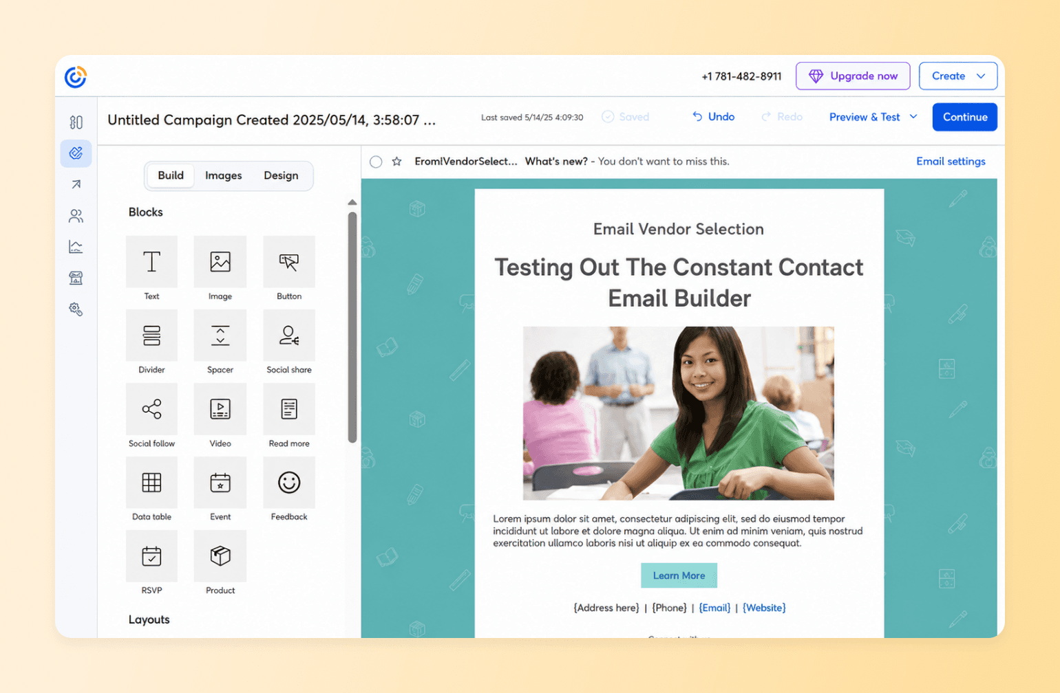 Constant Contact email builder with drag-and-drop blocks, used to compare features among the best newsletter platforms