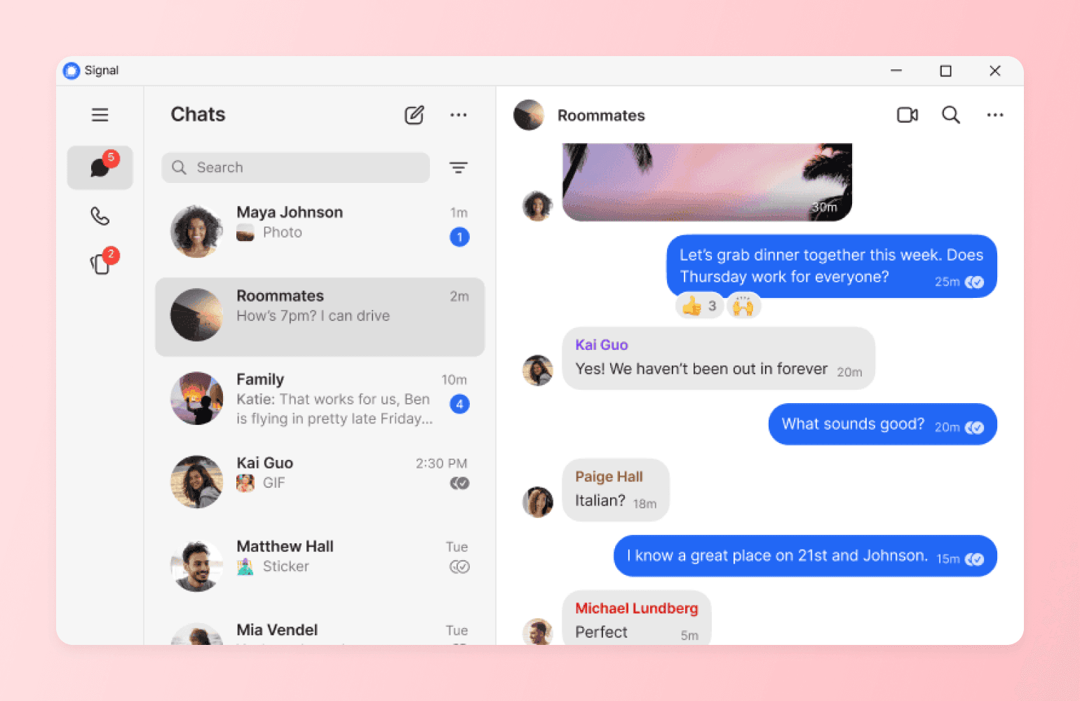 Signal group chat with roommates planning dinner, shown as a Facebook Group alternative for private messaging