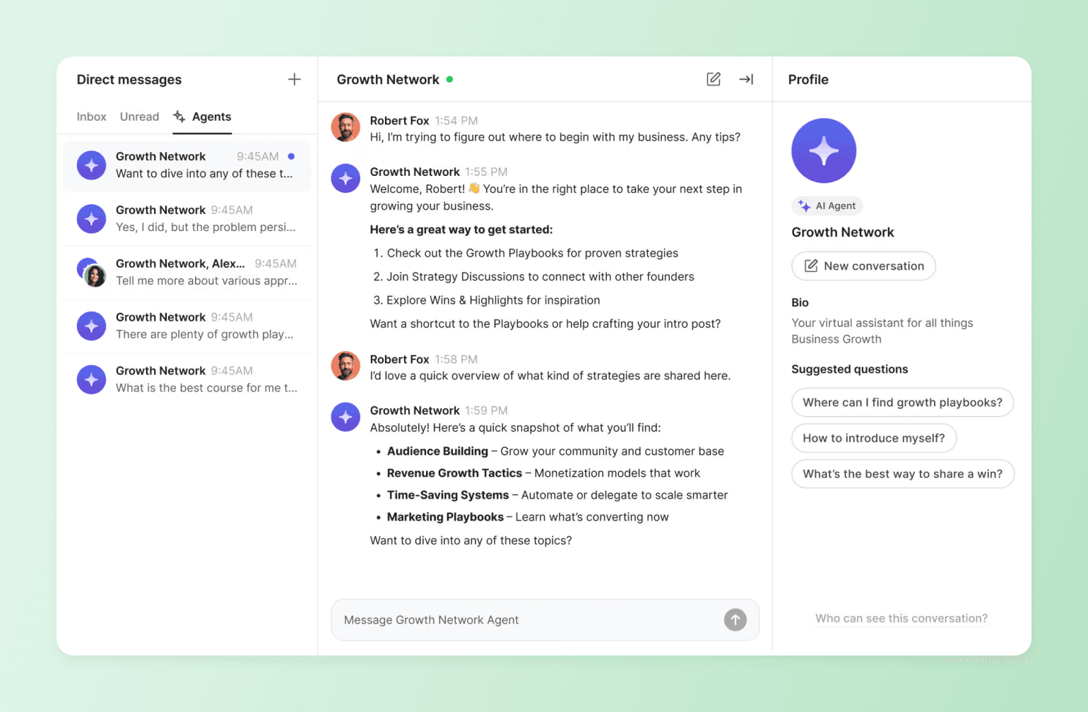 Direct message chat with a Circle's AI agent listing growth playbooks and strategy topics for coaching businesses