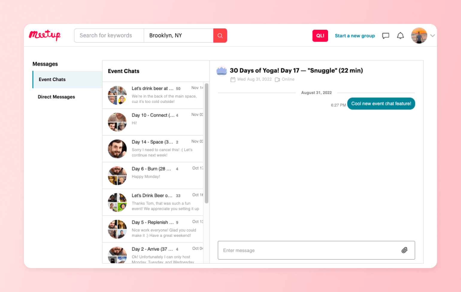 Meetup event chat list, one of several Facebook Group alternatives creators compare for hosting recurring online events