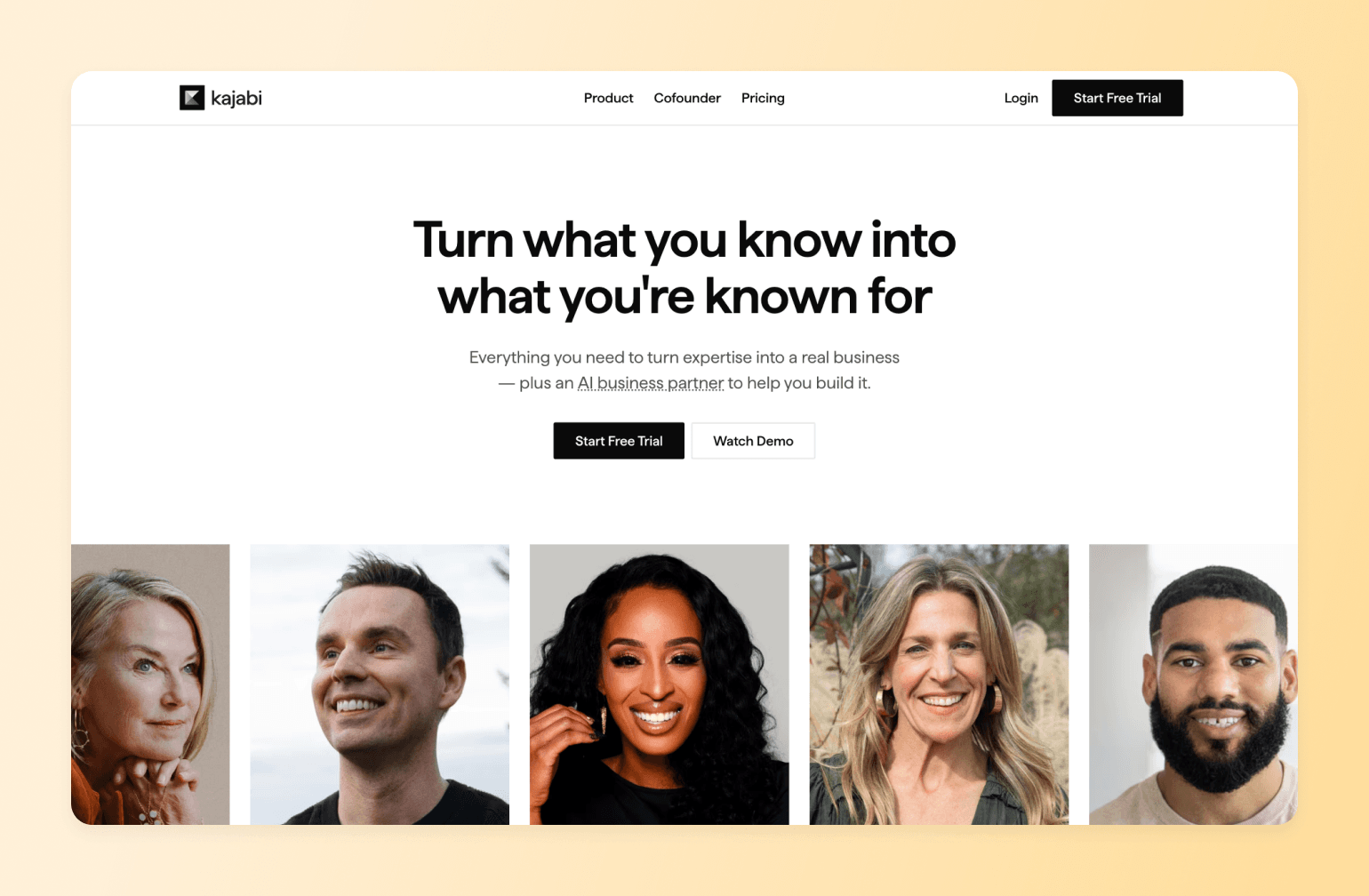 Kajabi landing page featuring diverse entrepreneurs and headline "Turn what you know into what you're known for