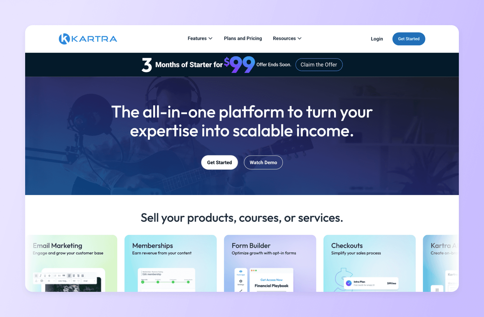 Kartra platform homepage showing $99 promotional offer and all-in-one tools for email marketing, memberships, forms, and checkouts