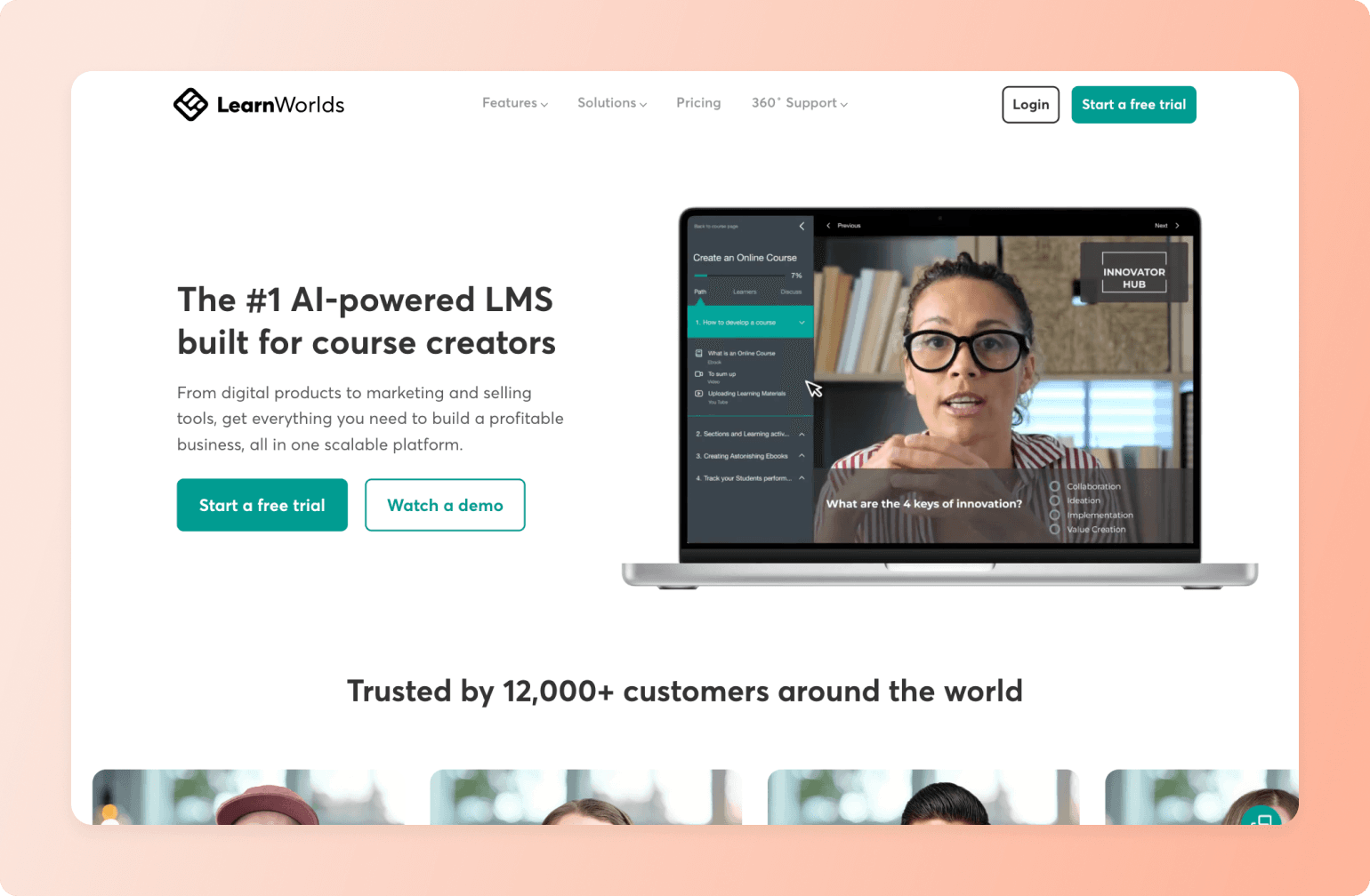LearnWorlds LMS platform homepage showing instructor teaching online course about innovation keys on laptop display