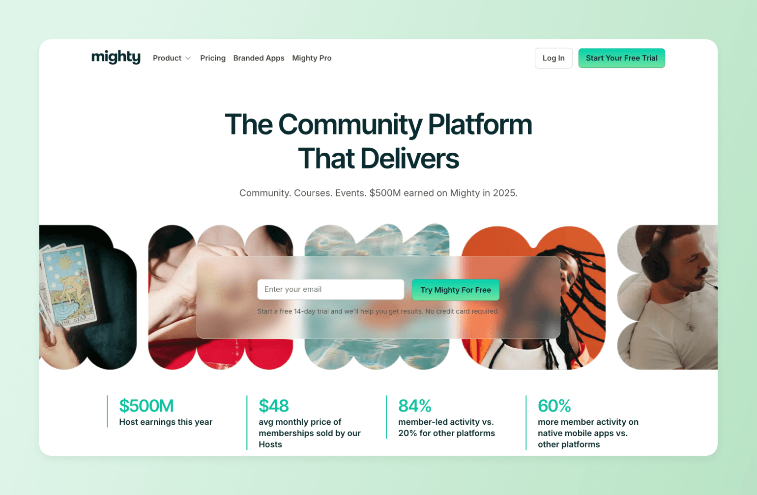 Mighty community platform homepage featuring statistics: $500M host earnings, $48 average membership price, 84% member-led activity, and 60% more mobile engagement with diverse lifestyle imagery