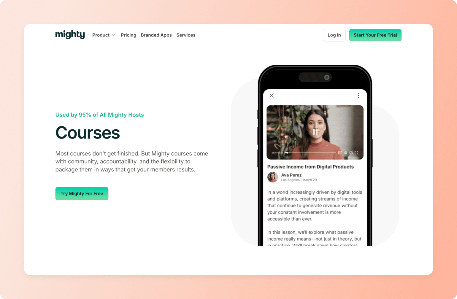Mighty courses platform showcasing mobile course lesson on Passive Income from Digital Products by Ava Perez with community features