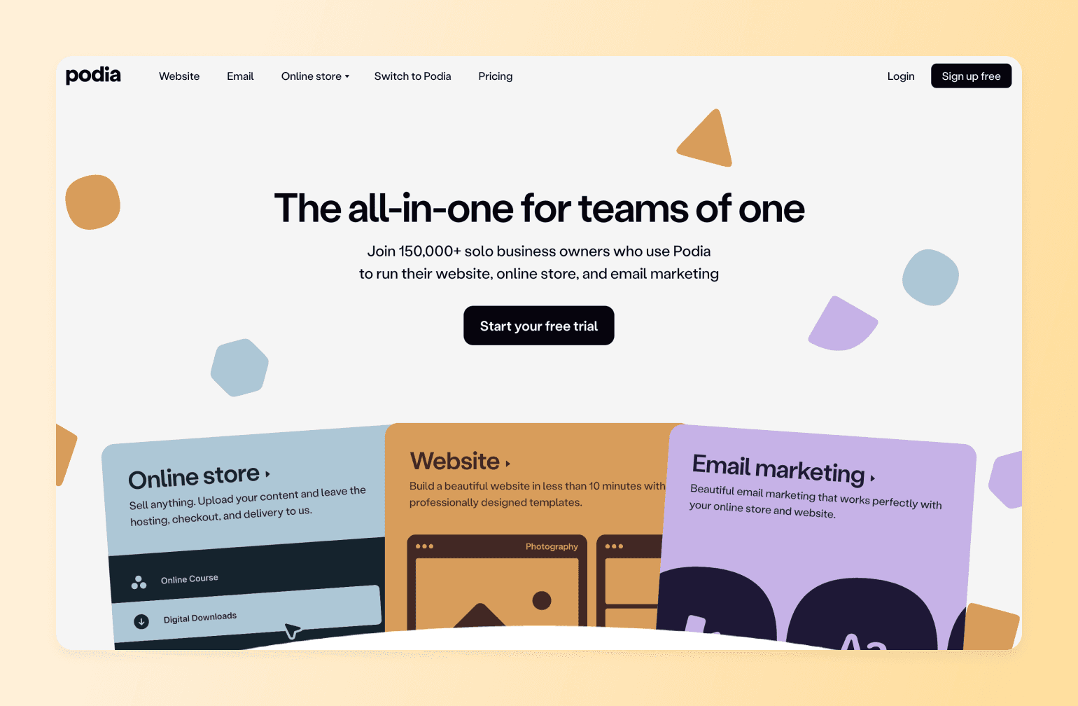 Podia homepage featuring three service sections: online store, website builder, and email marketing tools for solo entrepreneurs