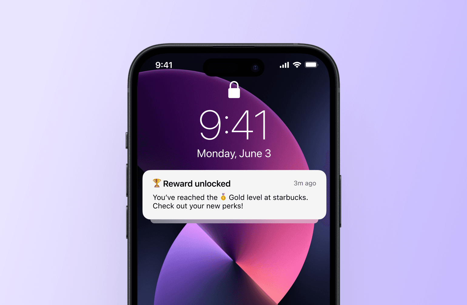 iPhone lock screen showing Starbucks reward notification for reaching Gold level, displaying 9:41 on Monday, June 3