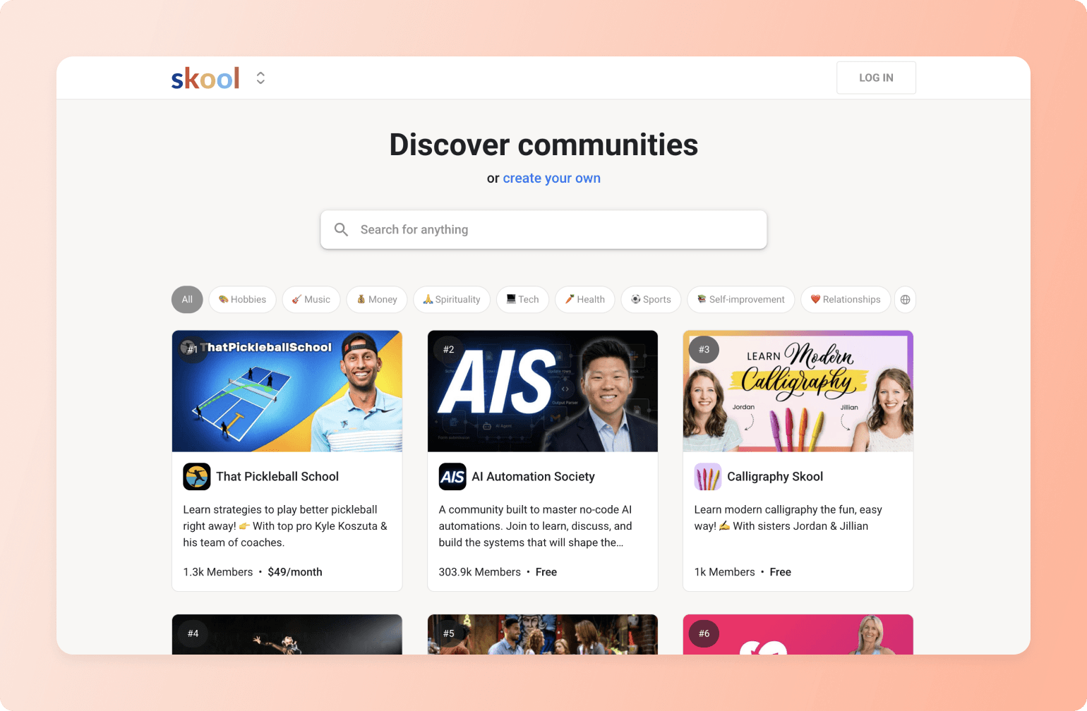 Skool platform homepage showing community discovery interface with featured groups including That Pickleball School, AI Automation Society, and Calligraphy Skool