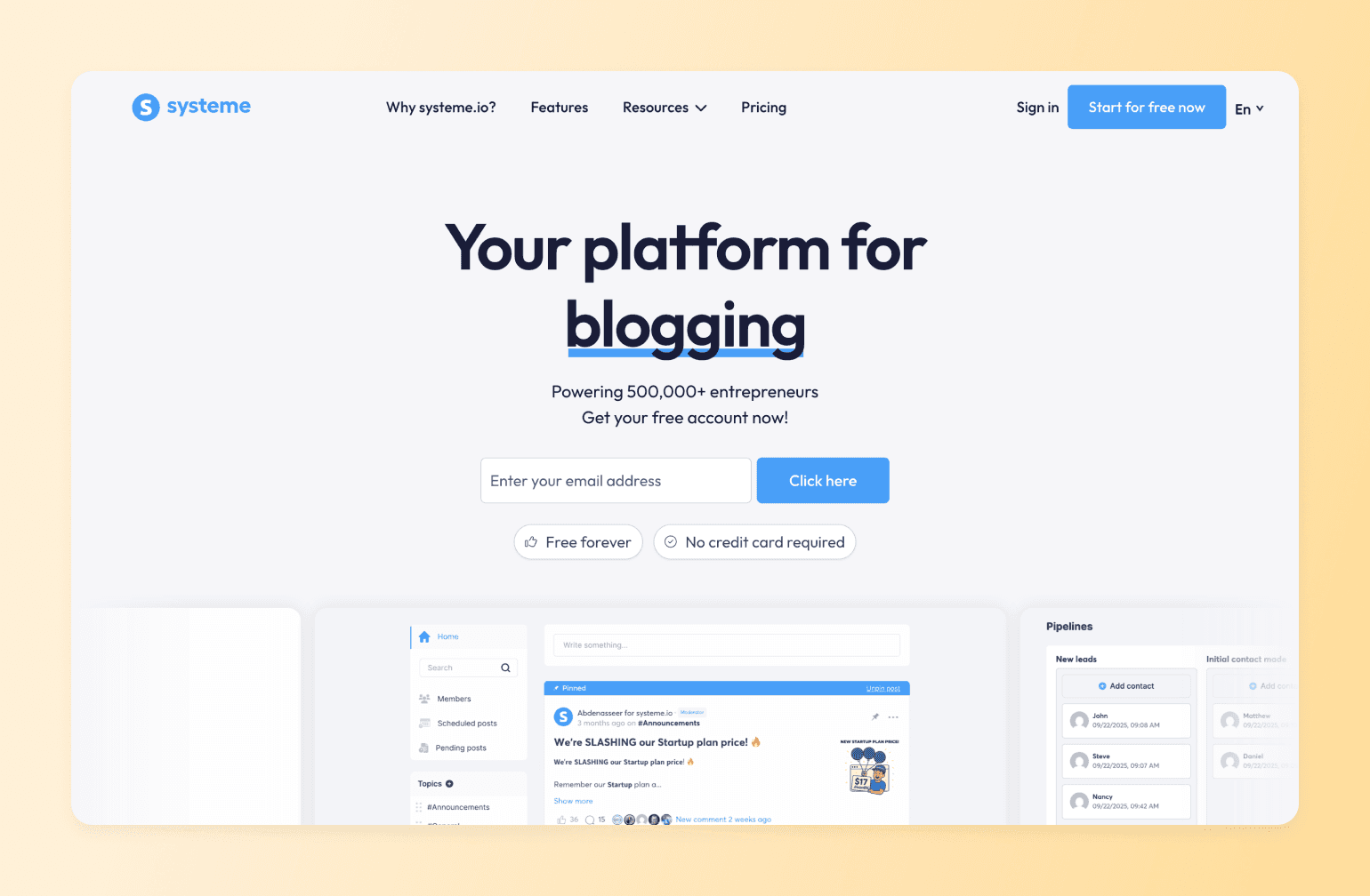 Systeme.io blogging platform homepage with email signup form, navigation menu, and dashboard preview showing post management interface
