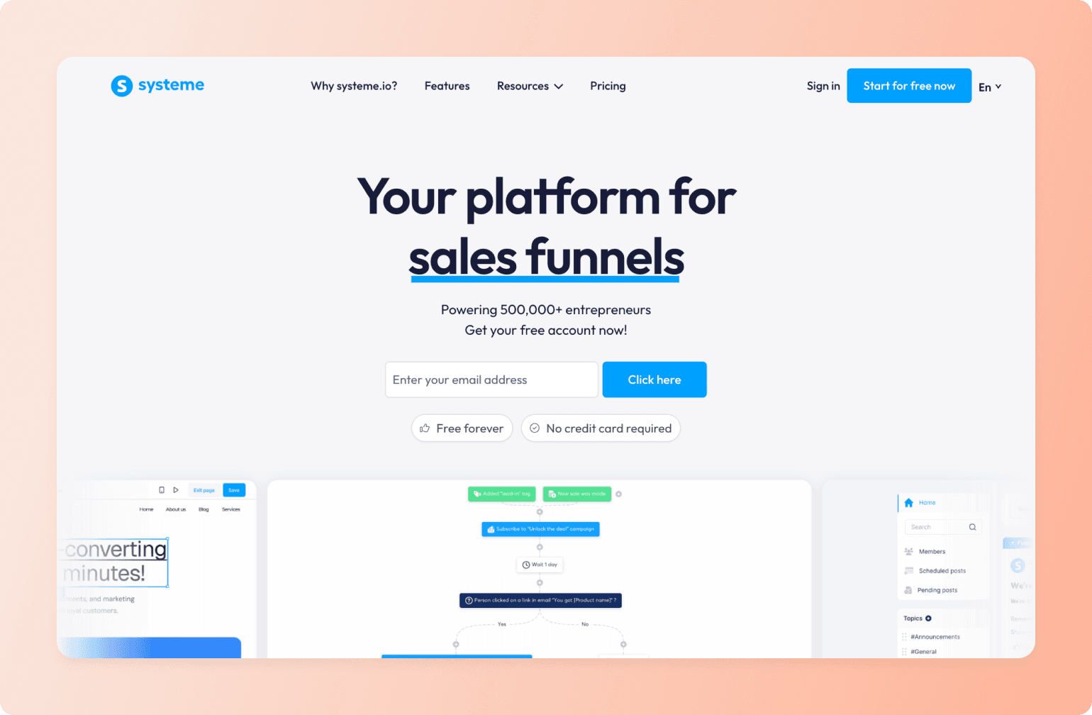 Sales funnel platform landing page with headline, email signup form, and platform interface previews at bottom