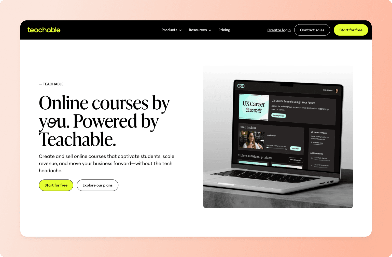 Laptop displaying Teachable course platform dashboard featuring UX Career Summit event and video content sections
