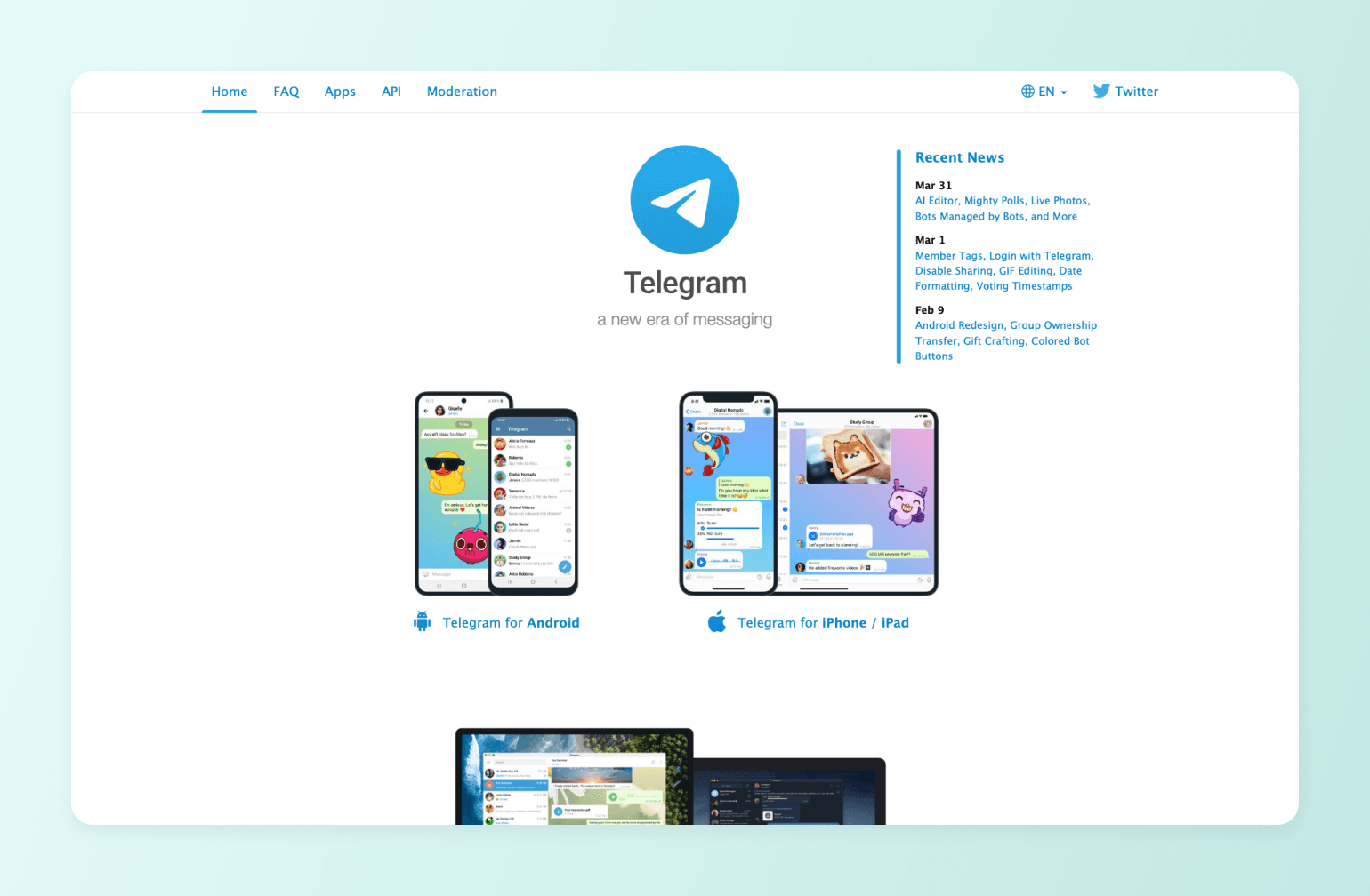 Telegram homepage showing blue paper plane logo, tagline "a new era of messaging," with mobile app screenshots for Android and iPhone/iPad devices below, and recent news sidebar on right