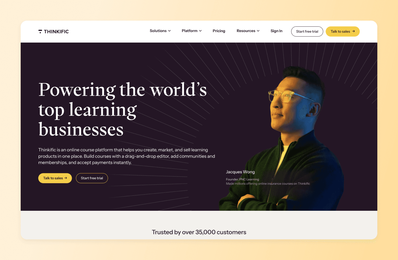 Thinkific homepage showing Jacques Wong, Founder of PNC Learning, with headline "Powering the world's top learning businesses